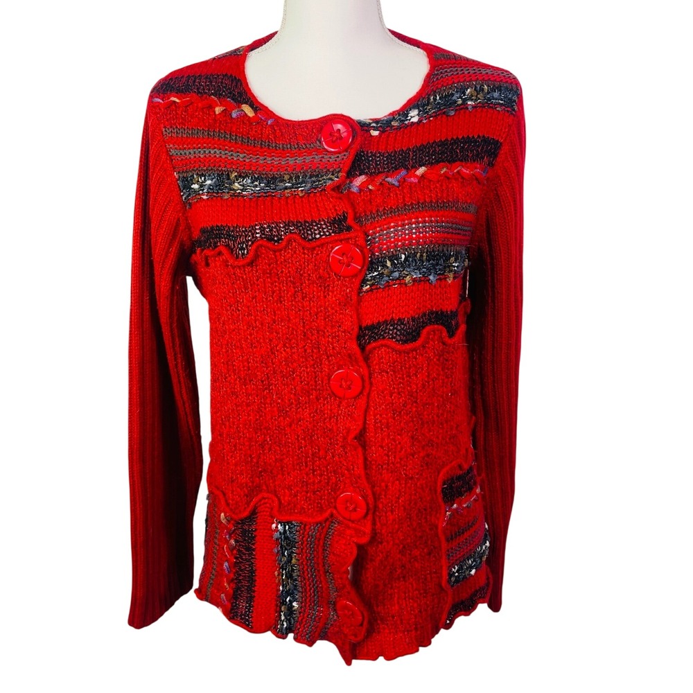VTG Coldwater Creek Cardigan Sweater Women's M Red‎ Mixed Knit Patchwork Boho